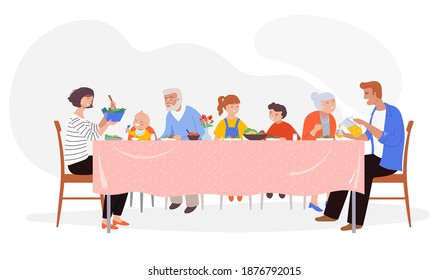 Festive dinner family scene. Children, parents and grandparents sitting at a dinner table, eating together. 