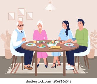 Festive dinner flat color vector illustration. Family reunion. Making positive memories. Family members celebrating birthday together 2D cartoon characters with cozy dining room on background