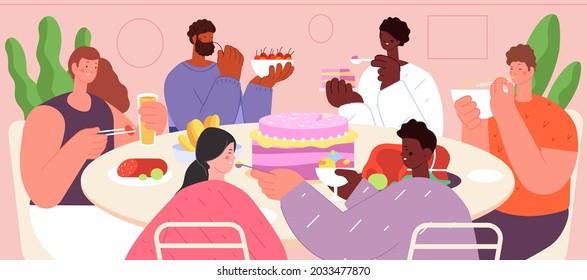 Festive dinner. Friends eating together, holiday evening lunch. Food party, table with dishes. People and home traditional meals utter vector concept