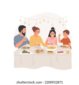 Festive dinner isolated cartoon vector illustration. Happy family gathering for Hanukkah celebration, enjoying dinner for jewish religious holidays, menorah at the table vector cartoon.
