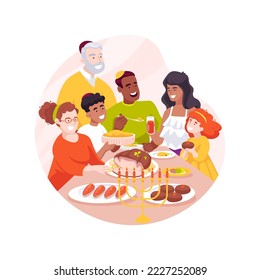 Cena festiva aislada ilustración vectorial de dibujos animados. Feliz reunión familiar para la celebración de Hanukkah, disfrutando de la cena para feriados religiosos judíos, menorah en la caricatura del vector de mesa.