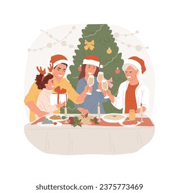 Festive dinner isolated cartoon vector illustration. Happy family members celebrating Christmas, sitting at the festive table together, people clinking glasses of champagne vector cartoon.