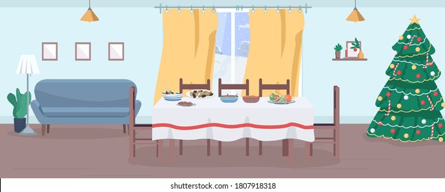 Festive dinner semi flat vector illustration. New Year banquet. Christmas festivity. Winter holiday activity for big family. Decorated household 2D cartoon interior for commercial use