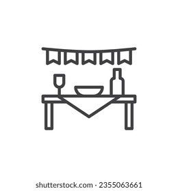 Festive dinner table line icon. linear style sign for mobile concept and web design. Dining table and party flags outline vector icon. Symbol, logo illustration. Vector graphics