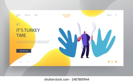 Festive Dinner Website Landing Page. Tiny Male Character Holding Huge Cutlery Silver Knife and Fork Preparing to Eat Delicious Food Thanksgiving Meal Web Page Banner. Cartoon Flat Vector Illustration