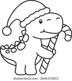 Festive Dinosaur with Candy Cane Ready for Christmas A charming line art illustration of a cute dinosaur wearing a Santa hat and holding a candy cane