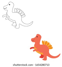 Festive dinosaur in color and outline isolated on a white background. Jurassic period. Stock vector illustration for decoration and design, postcards, fabrics, packaging, coloring, children's textiles