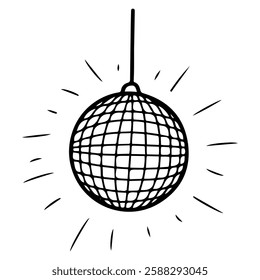 Festive disco ball. Hand drawn doodle. Shiny object. Mirror round. Fun party. Celebration event. Carnival dance stage decoration. Vector line art illustration.