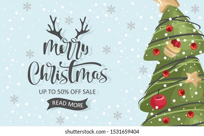 Festive discount card with Christmas tree and toys. Vector illustration.