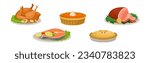 Festive Dish with Ham, Pie, Roasted Chicken and Salmon Vector Set