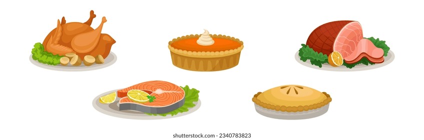 Festive Dish with Ham, Pie, Roasted Chicken and Salmon Vector Set