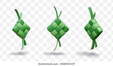 Festive dish, ketupat in organic green packaging. Eco concept of Islamic cuisine. Set of realistic models. Traditional rice dish. Isolated templates for web design