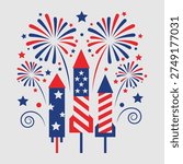 Festive display of fireworks and rockets celebrating independence day. A vibrant, patriotic illustration featuring fireworks and rockets in red, white, and blue tones.