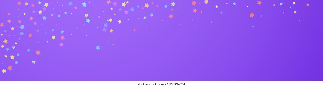Festive divine confetti. Celebration stars. Colorful stars random on violet background. Admirable festive overlay template. Panoramic vector background.