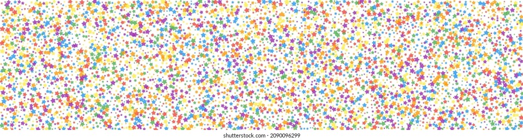Festive divine confetti. Celebration stars. Rainbow bright stars on white background. Actual festive overlay template. Panoramic vector background.
