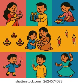 Festive Diwali cartoon scenes with kids and families holding lamps, lighting fireworks, giving gifts and dancing.