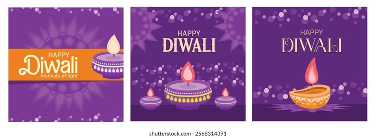 Festive Diwali celebration. An oil lamp was burning with a faint light. Diwali festival of lights. Diwali festival concept. Set flat vector illustration.