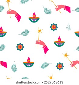 Festive Diwali seamless pattern. Diwali light festival concept in colored  flat style on white background. Vector