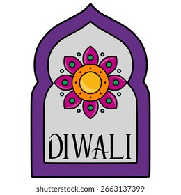 Ilustração Vetorial Festiva Diwali: Uma mandala floral estilizada dentro de um quadro arqueado, com tons vibrantes de roxo, laranja, rosa e azul-petróleo, perfeito para projetos de férias.