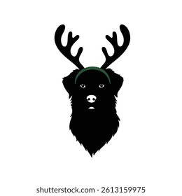 Festive Dog Portrait Black Labrador With Reindeer Antlers Headband Christmas Vector