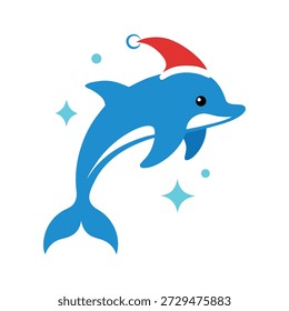 Delfín festivo salpicando olas con sombrero de santa diseño de Vector marino de invierno alegre