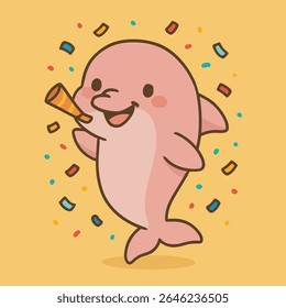 Celebração Jubilosa do Golfinho Festivo, Um encantador golfinho rosa, alegria irradiante e alegria como alegremente celebra com confete, abraçando a vida com alegria infecciosa.