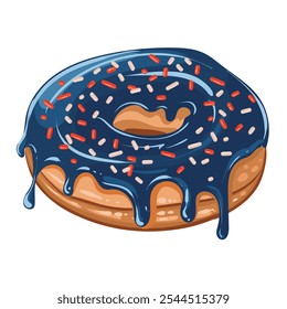 Donut festivo con esmalte azul brillante y decorado con rociadas rojas y blancas como colores de bandera. Imagen aislada de Vector. Donuts glaseados para decoración de cafetería o diseño de menú navideño.