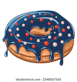 Donut festivo con esmalte azul brillante y decorado con rociadas rojas y blancas como colores de bandera. Imagen aislada de Vector. Donuts glaseados para decoración de cafetería o diseño de menú navideño.