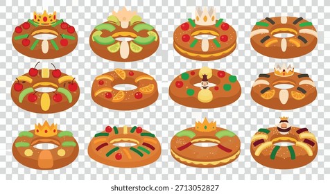 Donuts festivos con coronas y fruta con fondo transparente