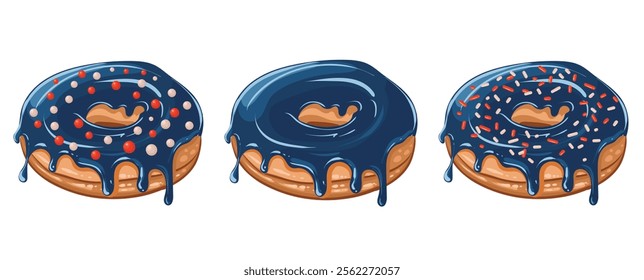 Festive donuts with glossy blue glaze and decorated with red and white sprinkles as flag colors. Vector isolated image. Glazed doughnuts for cafe decoration or holiday menu design.