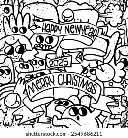 Festive doodle art featuring cartoon characters celebrating Christmas and New Year 2025 with joyful expressions.