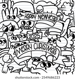 Festive doodle art featuring cartoon characters celebrating Christmas and New Year 2025 with joyful expressions.
