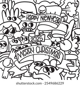 Festive doodle art featuring cartoon characters celebrating Christmas and New Year 2025 with joyful expressions.