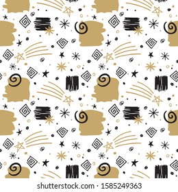 Festive Doodle Black and Gold Stars and Swirls on White Background Seamless Pattern Hand Drawn Christmas Wedding Flat Vector Illustration