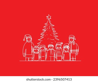 Festive doodle, to celebrate new year, with family, parents and Christmas tree on red background