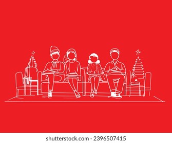 Festive doodle, to celebrate new year, with family, parents and Christmas tree on red background