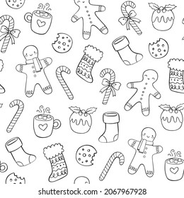 Festive doodle Christmas elements in black and white. Holiday seamless vector pattern hand-drawn outlines.