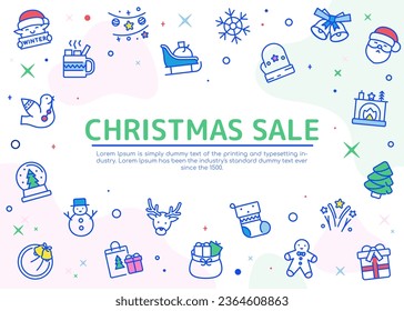 Festive Doodle Christmas Sale Banner. Hand Drawn Rudolph, Gifts, Lights, Garlands and Snowman on White Background with Seasonal Discounts and Special Offers. Cute Cartoon Design for Holidays.