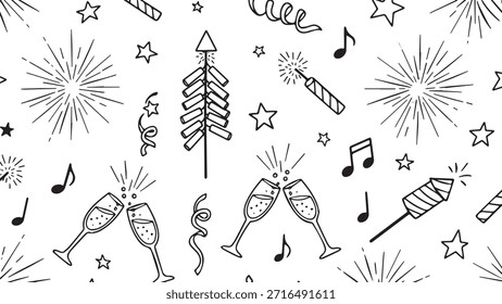 Un patrón de doodle festivo con copas de champán tintineando, fuegos artificiales, confeti y notas musicales, perfecto para celebraciones.