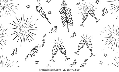 Un patrón de doodle festivo con fuegos artificiales, copas de champán tintineando y notas musicales.