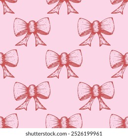 Festive doodle pattern with red bows on a pink background. Lovely hand-drawn seamless background with decorative bows
