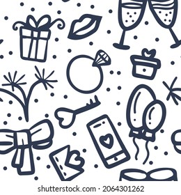 Festive doodle seamless pattern. Hand drawn holidays elements. Vector illustration.