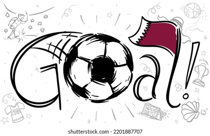 Festive doodles to celebrate a goal during Qatar games: football player, soccer ball, net, shirt, national flag, oyster shell, keffiyeh, globe, trophy, stars and festive confetti.