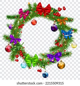 Festive door Christmas wreath made of pine branches, hanging colored balls and bows, pieces of serpentine, holly leaves and red berries, isolated on transparent background