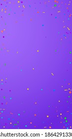 Festive dramatic confetti. Celebration stars. Festive confetti on violet background. Fascinating festive overlay template. Vertical vector background.