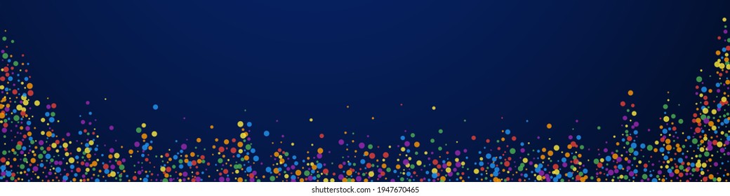 Festive dramatic confetti. Celebration stars. Rainbow confetti on dark blue background. Adorable festive overlay template. Panoramic vector background.