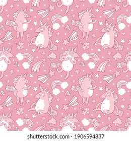 Festive drawing. Fabulous unicorns. Rainbow, magic, cupcakes, stars, sweets. Magical animals. Cartoon print. Seamless vector pattern (background). 