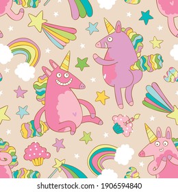 Festive drawing. Fabulous unicorns. Rainbow, magic, cupcakes, stars, sweets. Magical animals. Cartoon print. Seamless vector pattern (background). 