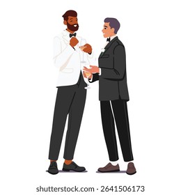 Festive dressed groom and groomsman talking drinking champagne in glasses celebrating wedding ceremony isolated on white background. Elegant stylish best friends at marriage party vector illustration