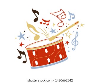 Festive drum and stick flat vector illustration. Snare, professional drummer equipment isolated clipart. Carnival celebration. Percussion, children toy. Musical instrument with notes drawing